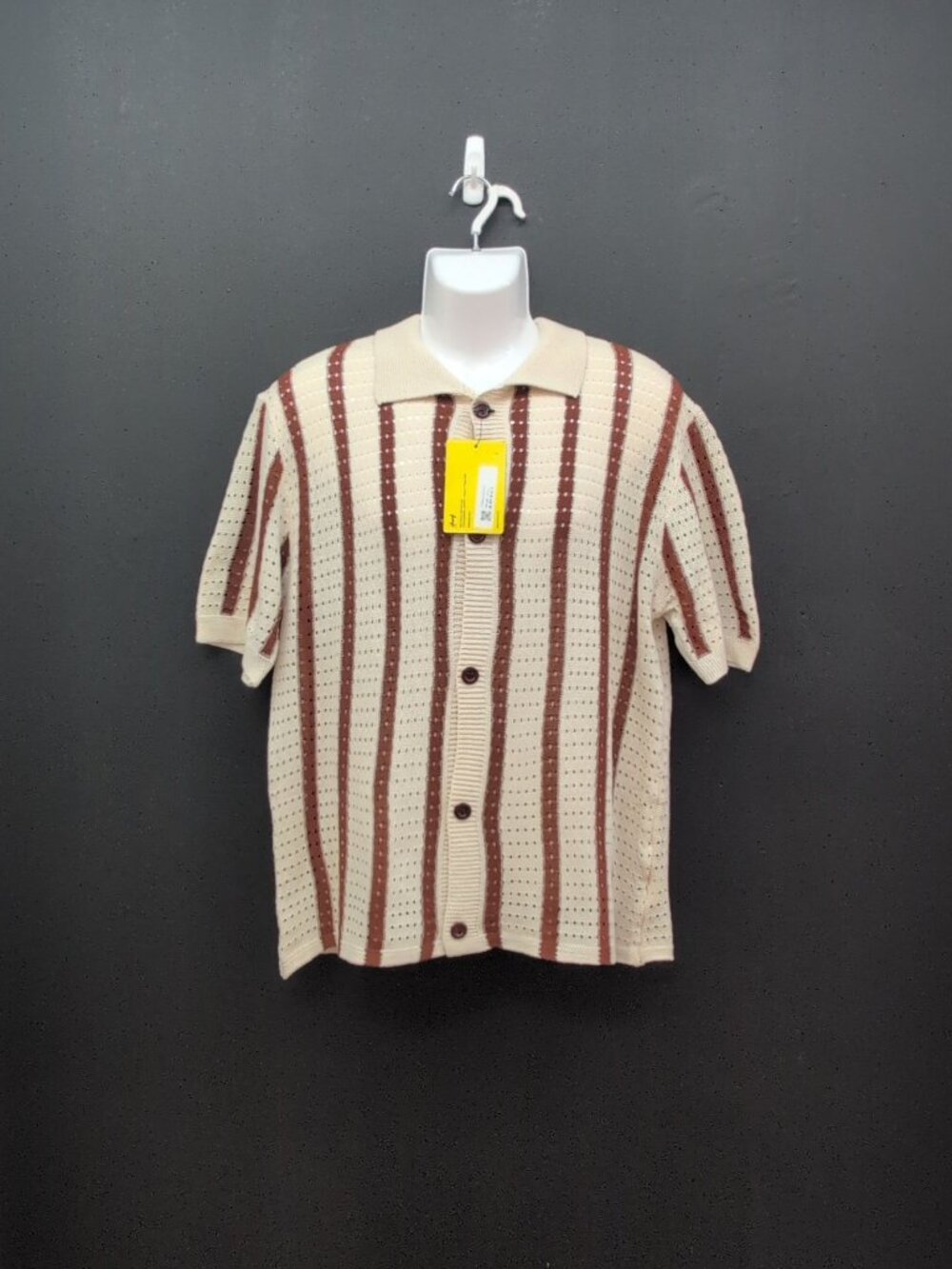 Hoooyi Stripe Open Knit Button Down Men's Shirt Large Coffee